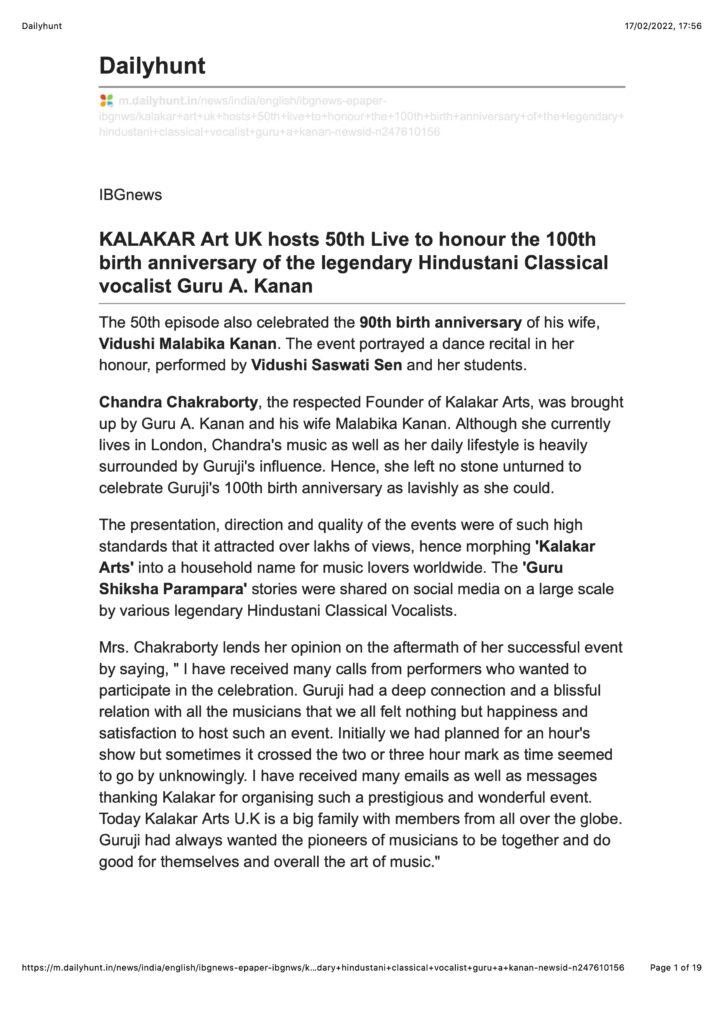 KALAKAR Art UK hosts 50th Live to honour the 100th birth anniversary of the legendary Hindustani Classical vocalist Guru A. Kanan